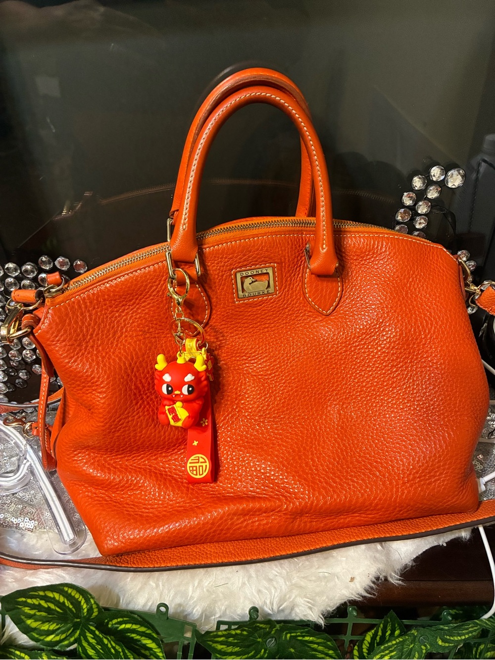 Dooney & Bourke Vibrant Orange Pebbled Leather Satchel with Charm